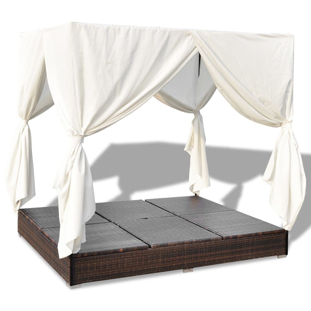 Outdoor Lounge Bed With Curtains Poly Rattan Brown