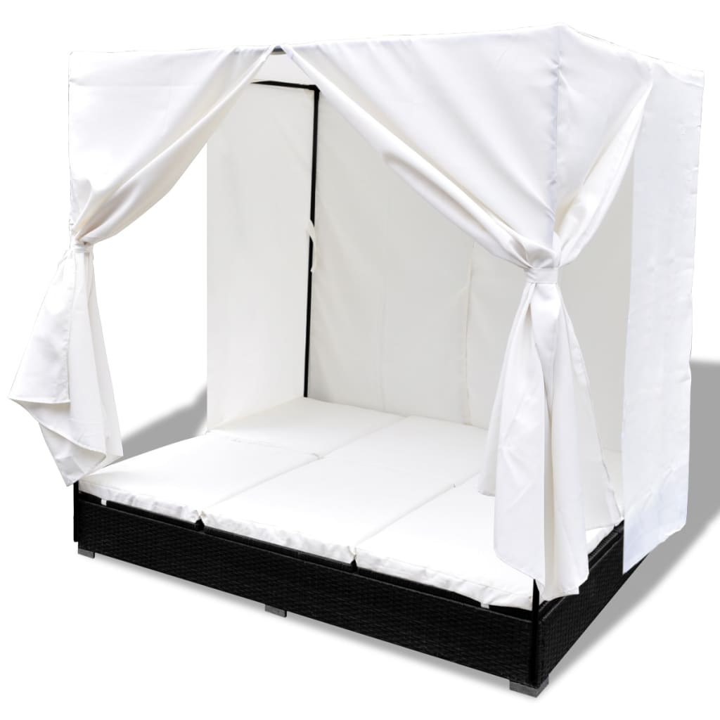 Outdoor Lounge Bed With Curtains Poly Rattan Black