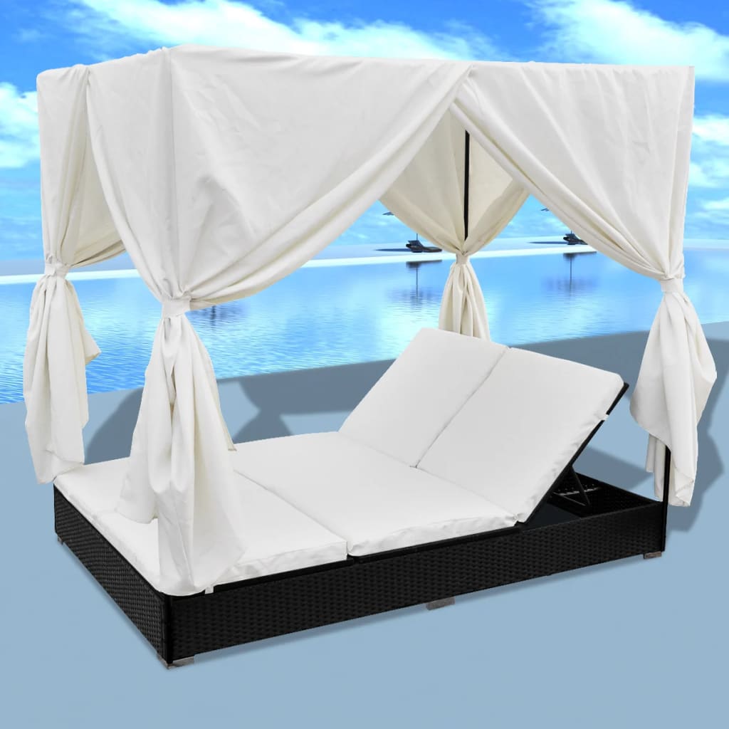 Outdoor Lounge Bed With Curtains Poly Rattan Black