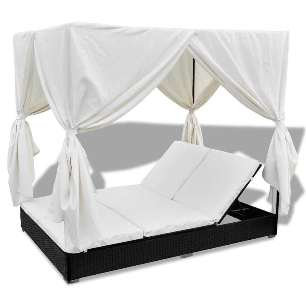 Outdoor Lounge Bed With Curtains Poly Rattan Black