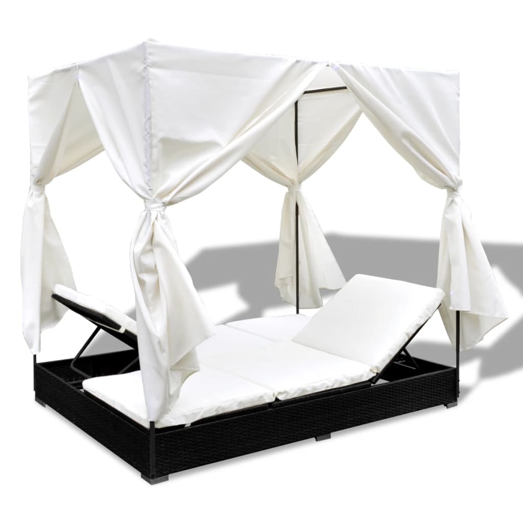 Outdoor Lounge Bed With Curtains Poly Rattan Black