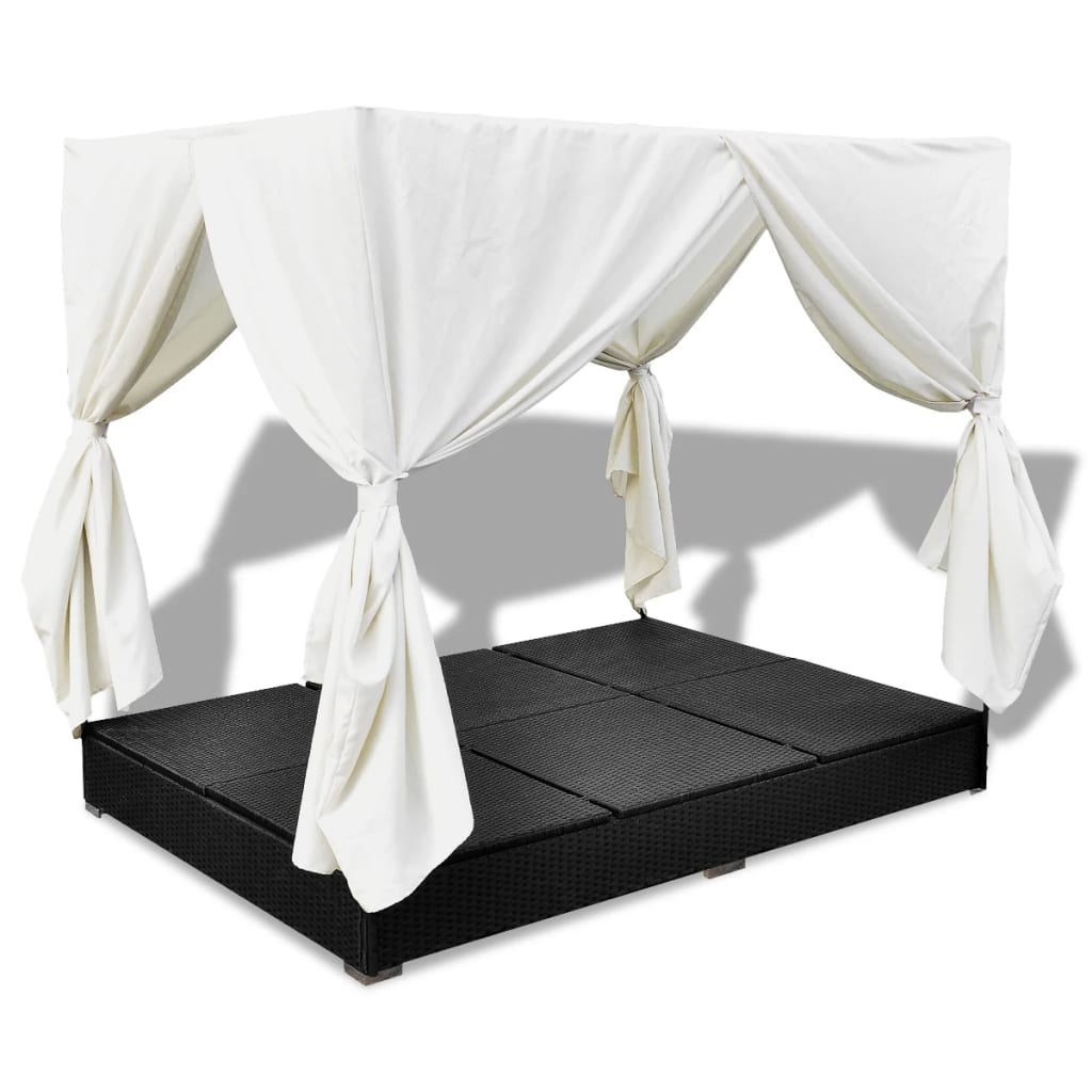 Outdoor Lounge Bed With Curtains Poly Rattan Black