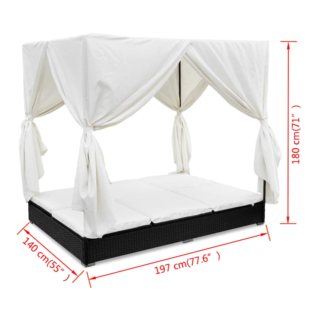 Outdoor Lounge Bed With Curtains Poly Rattan Black