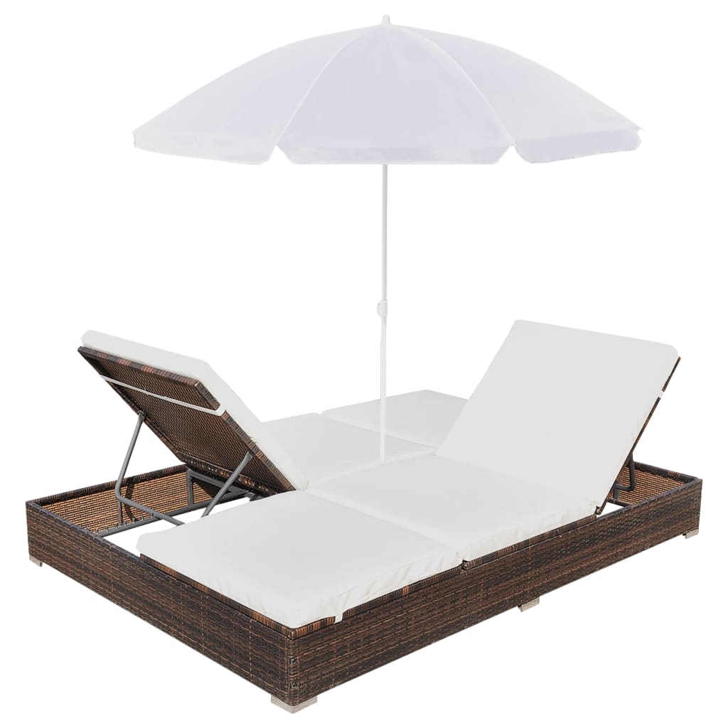 Outdoor Lounge Bed With Umbrella Poly Rattan Brown