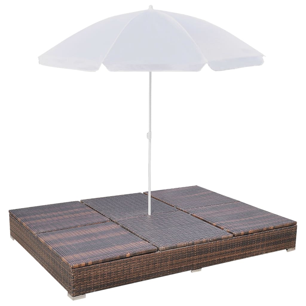 Outdoor Lounge Bed With Umbrella Poly Rattan Brown