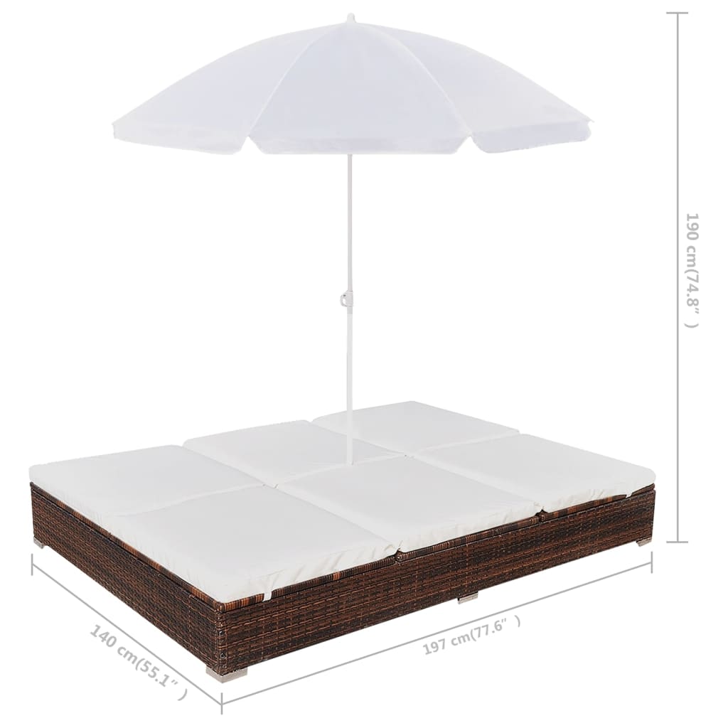 Outdoor Lounge Bed With Umbrella Poly Rattan Brown