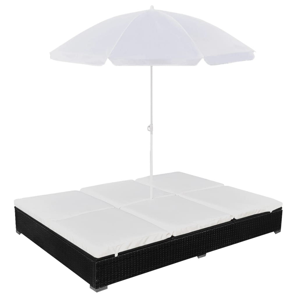 Outdoor Lounge Bed With Umbrella Poly Rattan Black