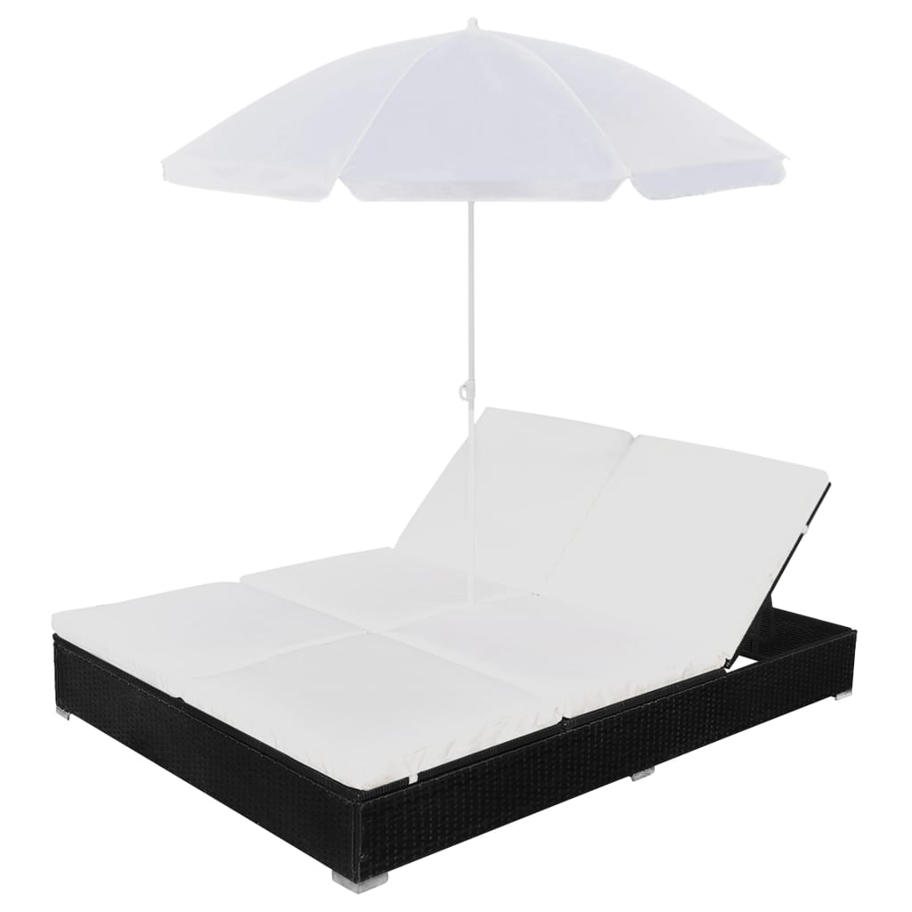 Outdoor Lounge Bed With Umbrella Poly Rattan Black