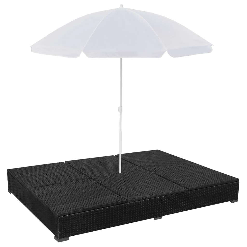 Outdoor Lounge Bed With Umbrella Poly Rattan Black