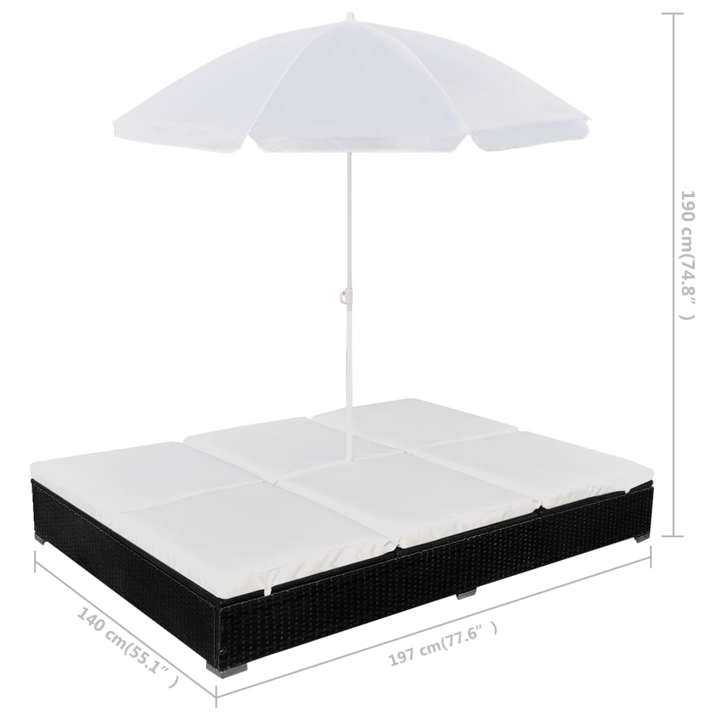 Outdoor Lounge Bed With Umbrella Poly Rattan Black