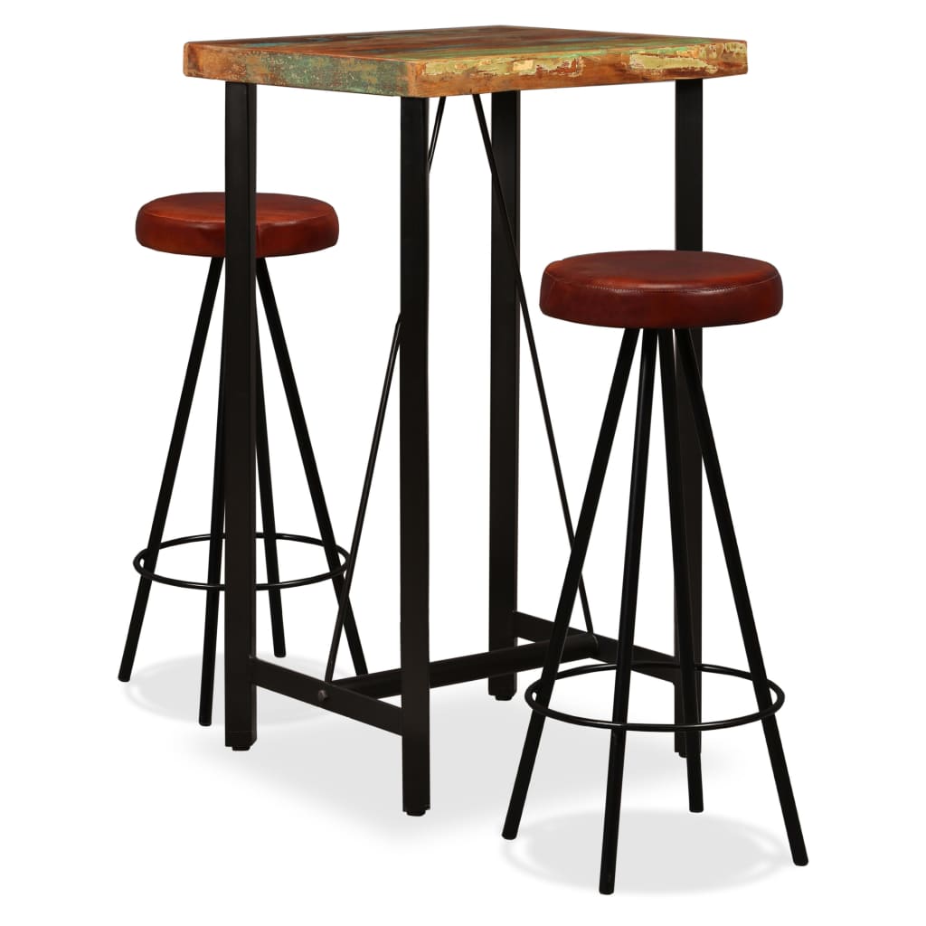 Bar Set 3 Pieces Solid Reclaimed Wood And Genuine Leather