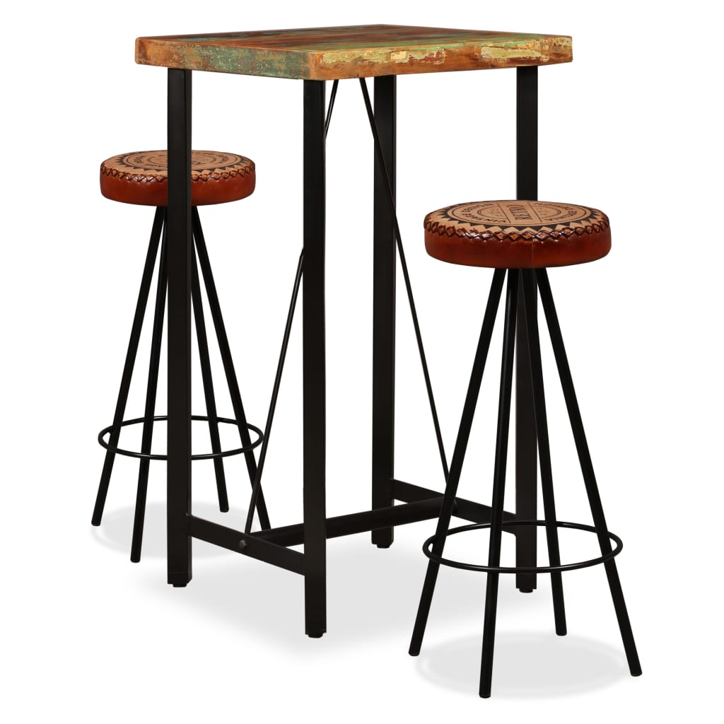 Bar Set 3 Pieces Solid Reclaimed Wood, Genuine Leather & Canvas
