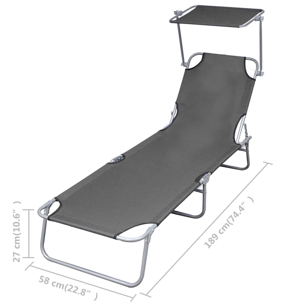 Folding Sun Lounger With Canopy Steel Grey