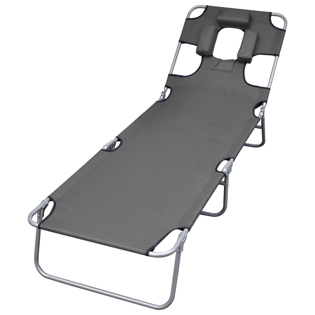 Foldable Sunlounger With Head Cushion Adjustable Backrest Grey