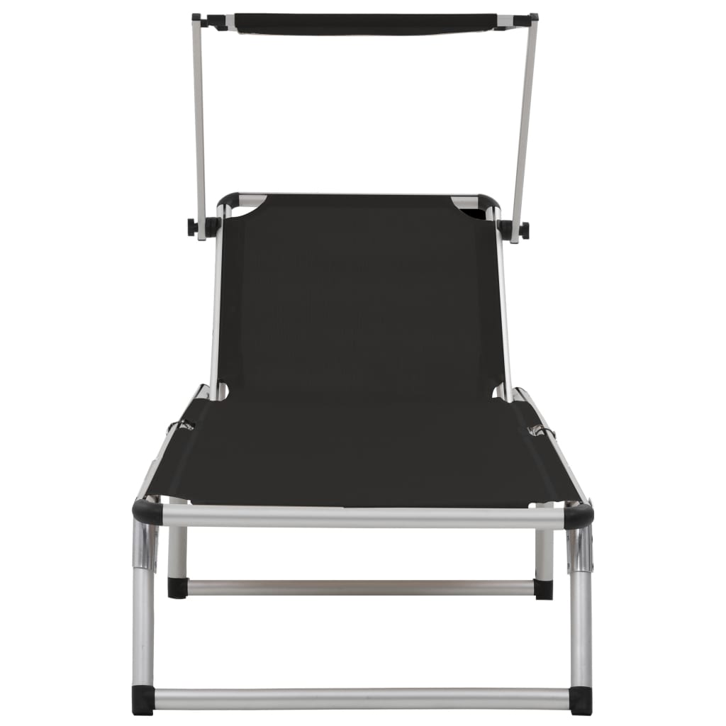 Folding Sun Lounger With Roof Aluminium And Textilene Black