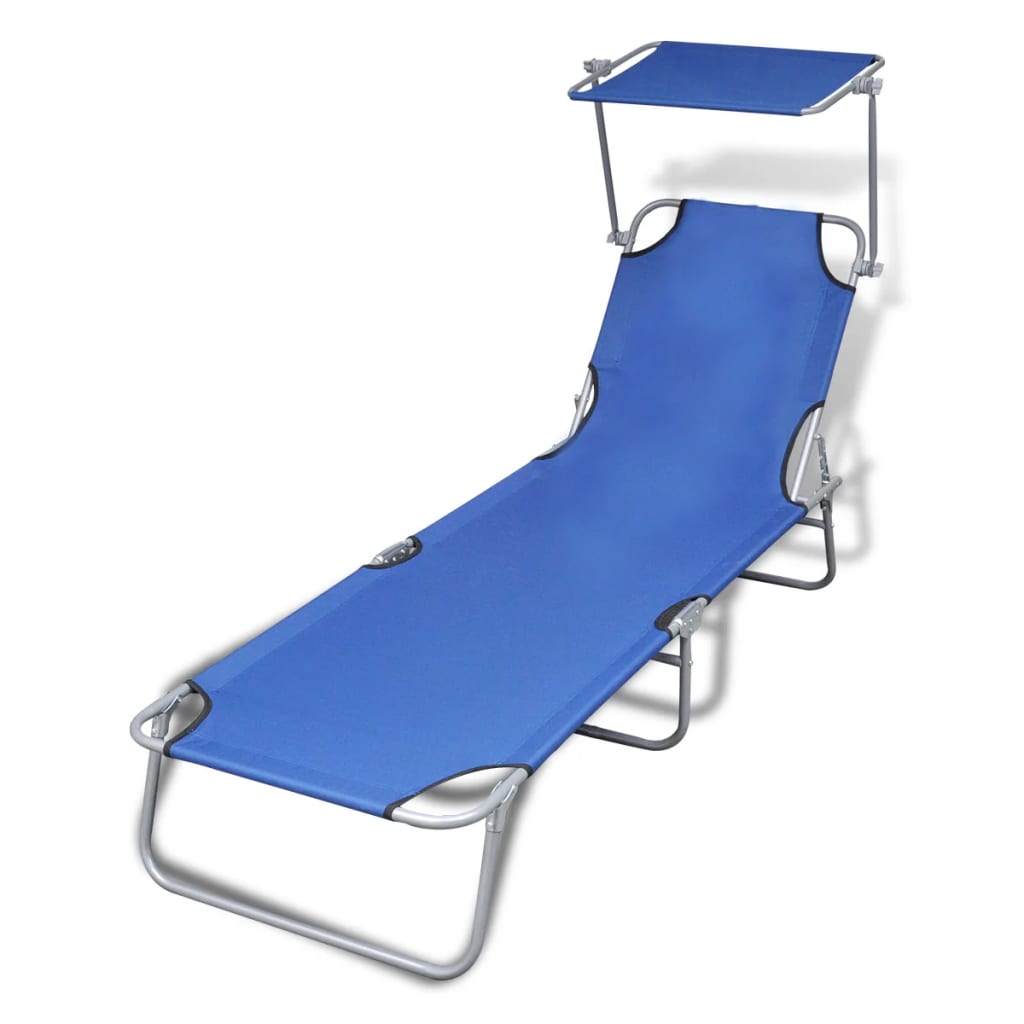 Folding Sun Lounger With Canopy Steel And Fabric Blue