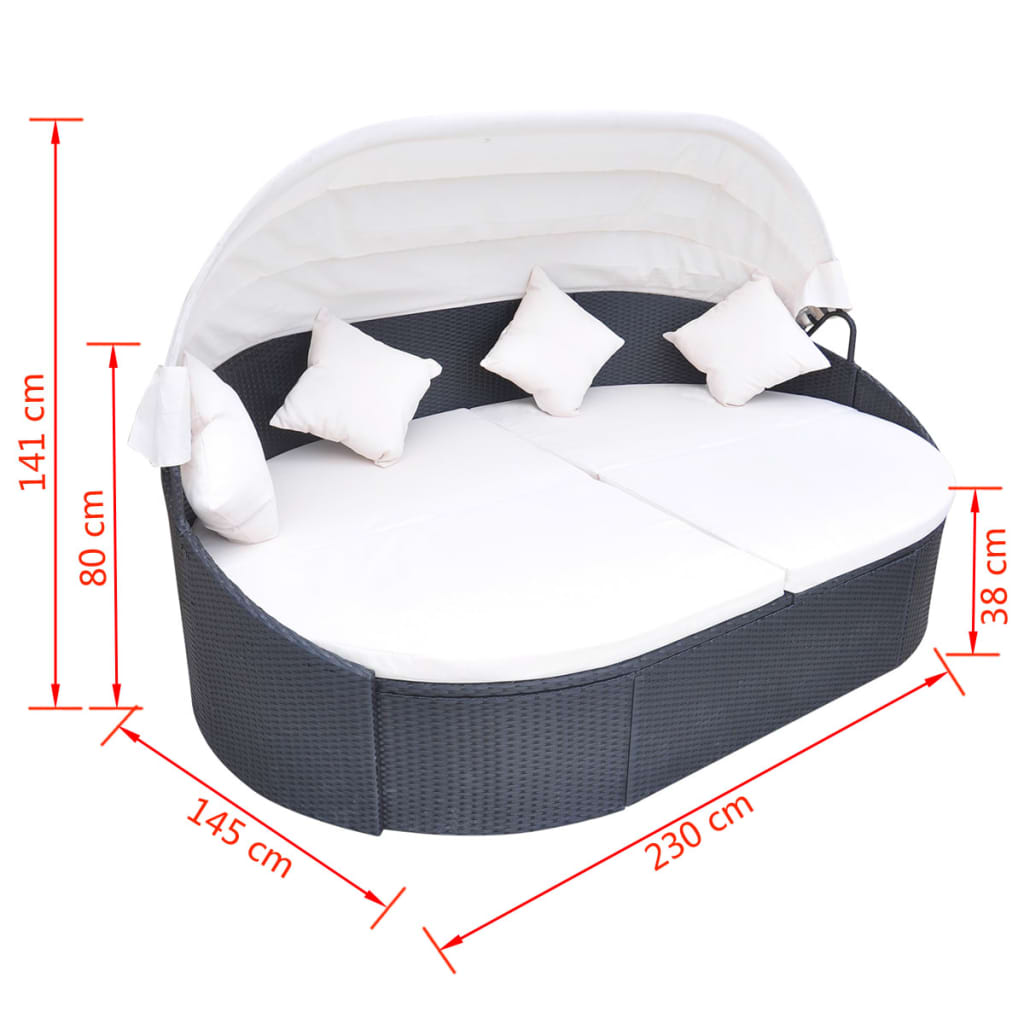 Outdoor Lounge Bed With Canopy Poly Rattan Black