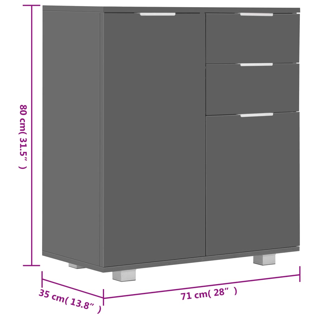 Sideboard High Gloss Grey 71X35X80 Cm Engineered Wood