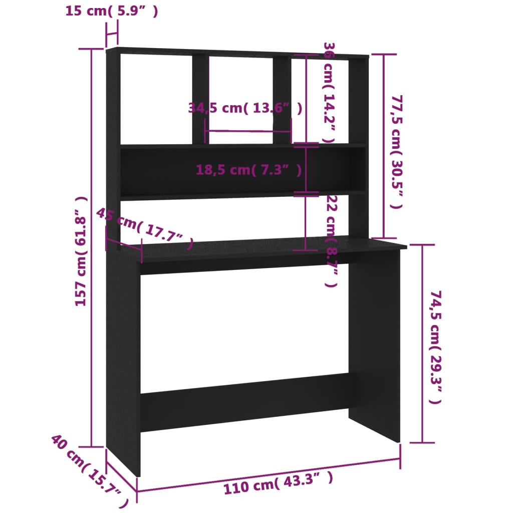 Desk With Shelf Black 110X45X157 Cm Engineered Wood