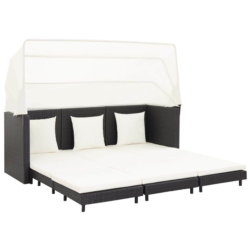 Extendable 3-Seater Sofa Bed With Roof Poly Rattan Black