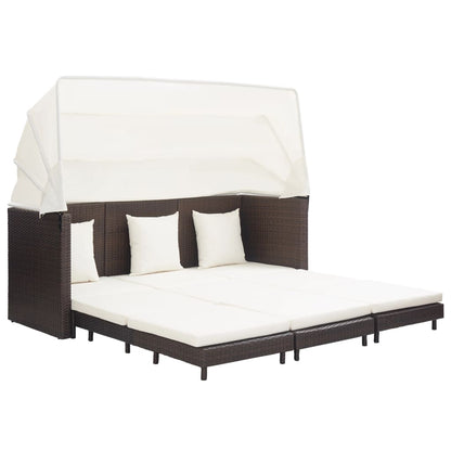 Extendable 3-Seater Sofa Bed With Roof Poly Rattan Brown