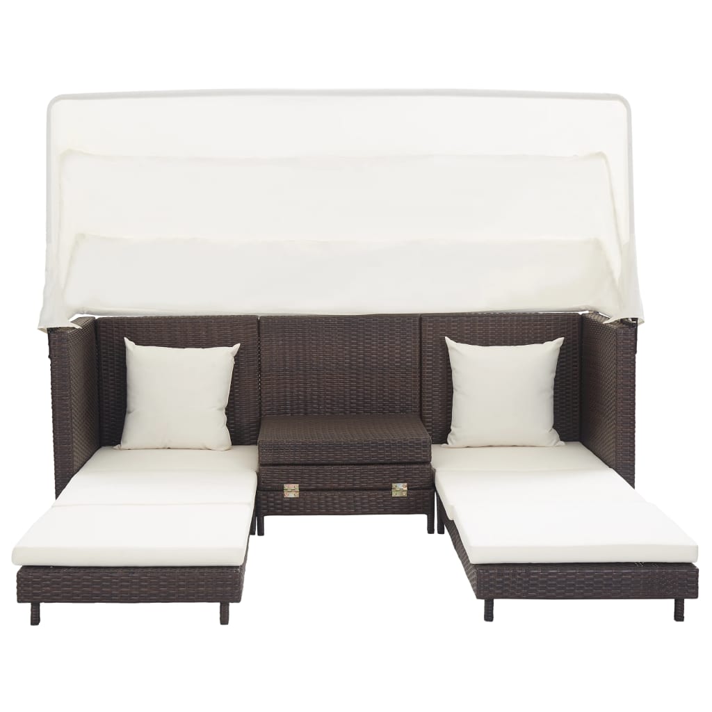Extendable 3-Seater Sofa Bed With Roof Poly Rattan Brown