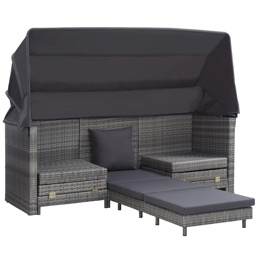 Extendable 3-Seater Sofa Bed With Roof Poly Rattan Grey