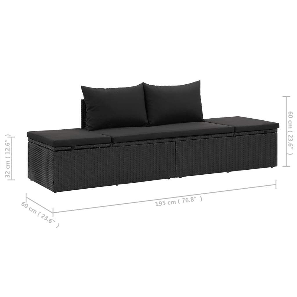 Sun Bed With Cushions Poly Rattan Black