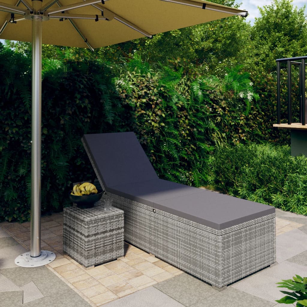 Sun Lounger With Cushion And Tea Table Poly Rattan Grey