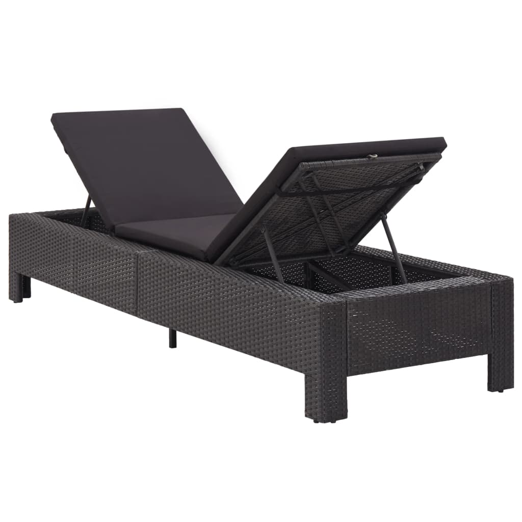 Sunbed With Cushion Black Poly Rattan