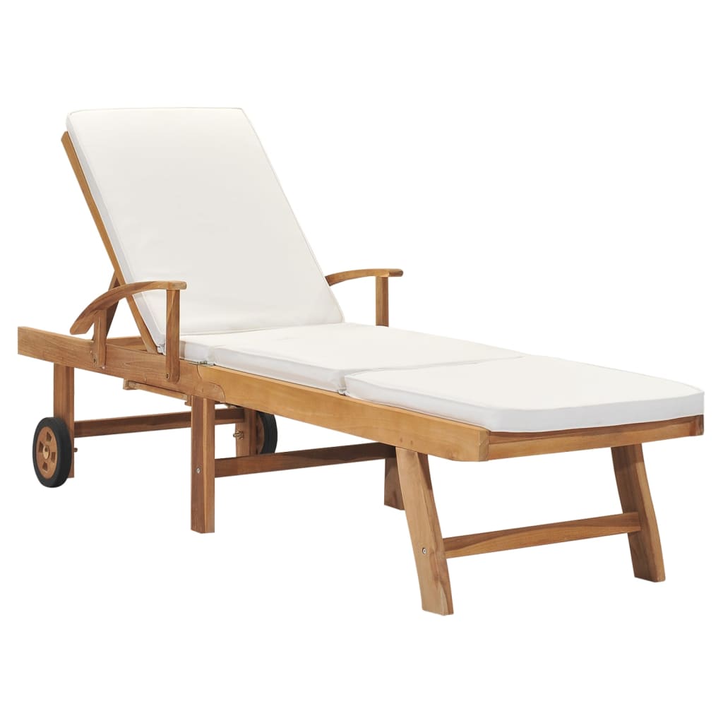 Sun Lounger With Cushion Solid Teak Wood Cream