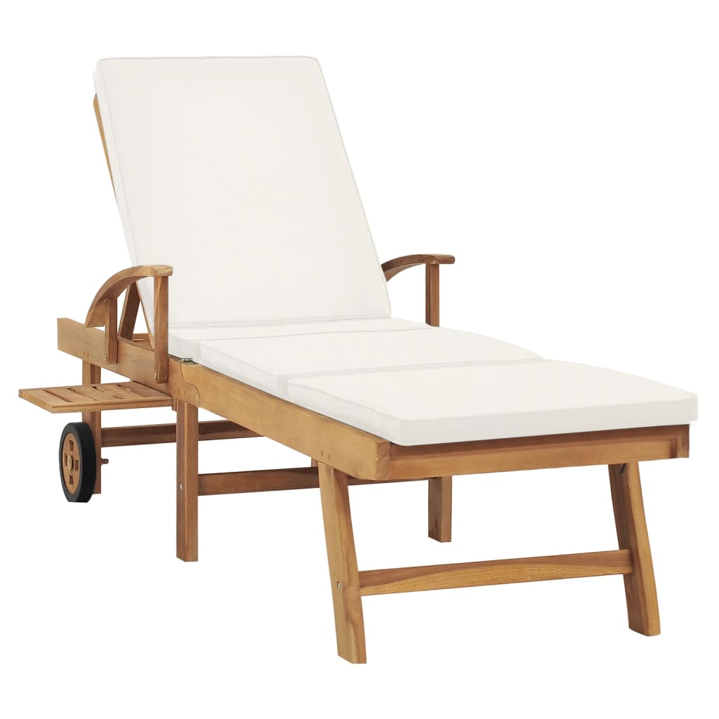 Sun Lounger With Cushion Solid Teak Wood Cream