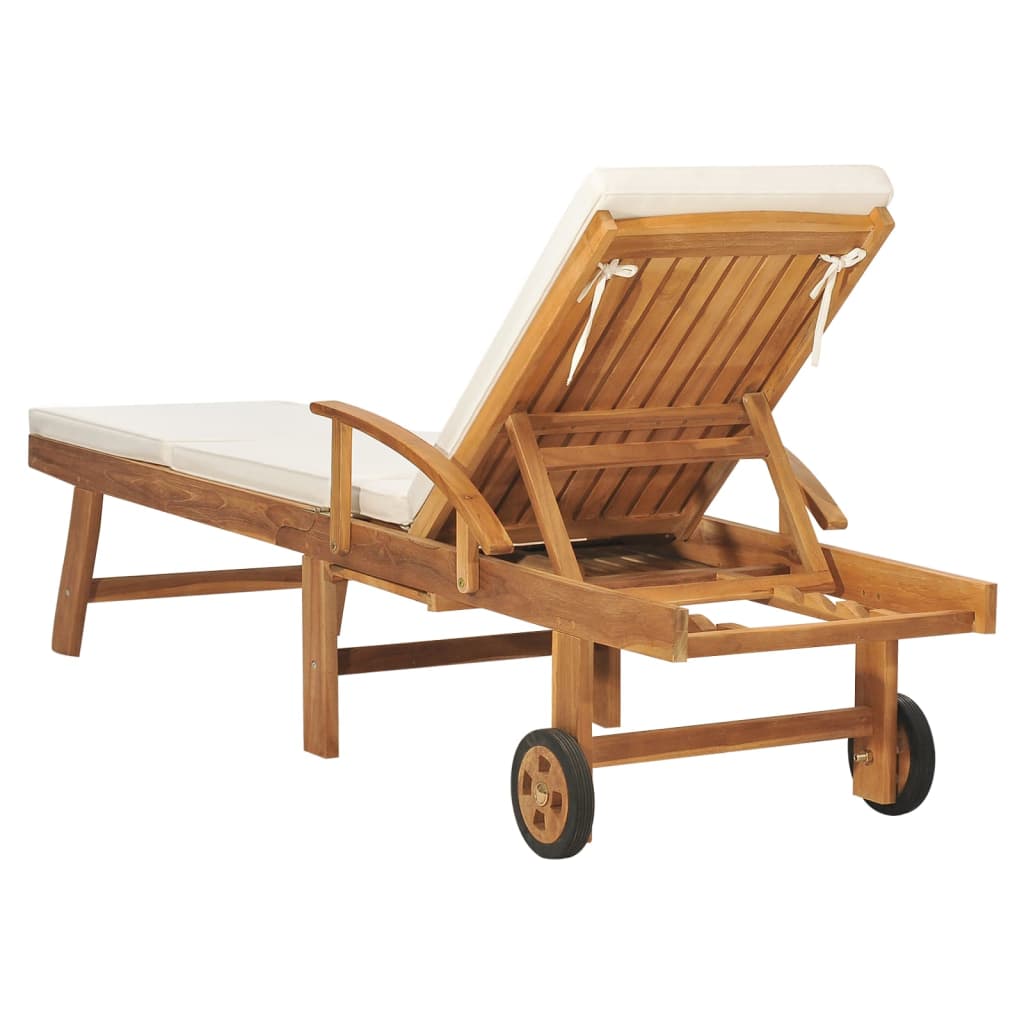 Sun Lounger With Cushion Solid Teak Wood Cream