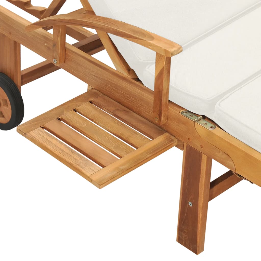 Sun Lounger With Cushion Solid Teak Wood Cream