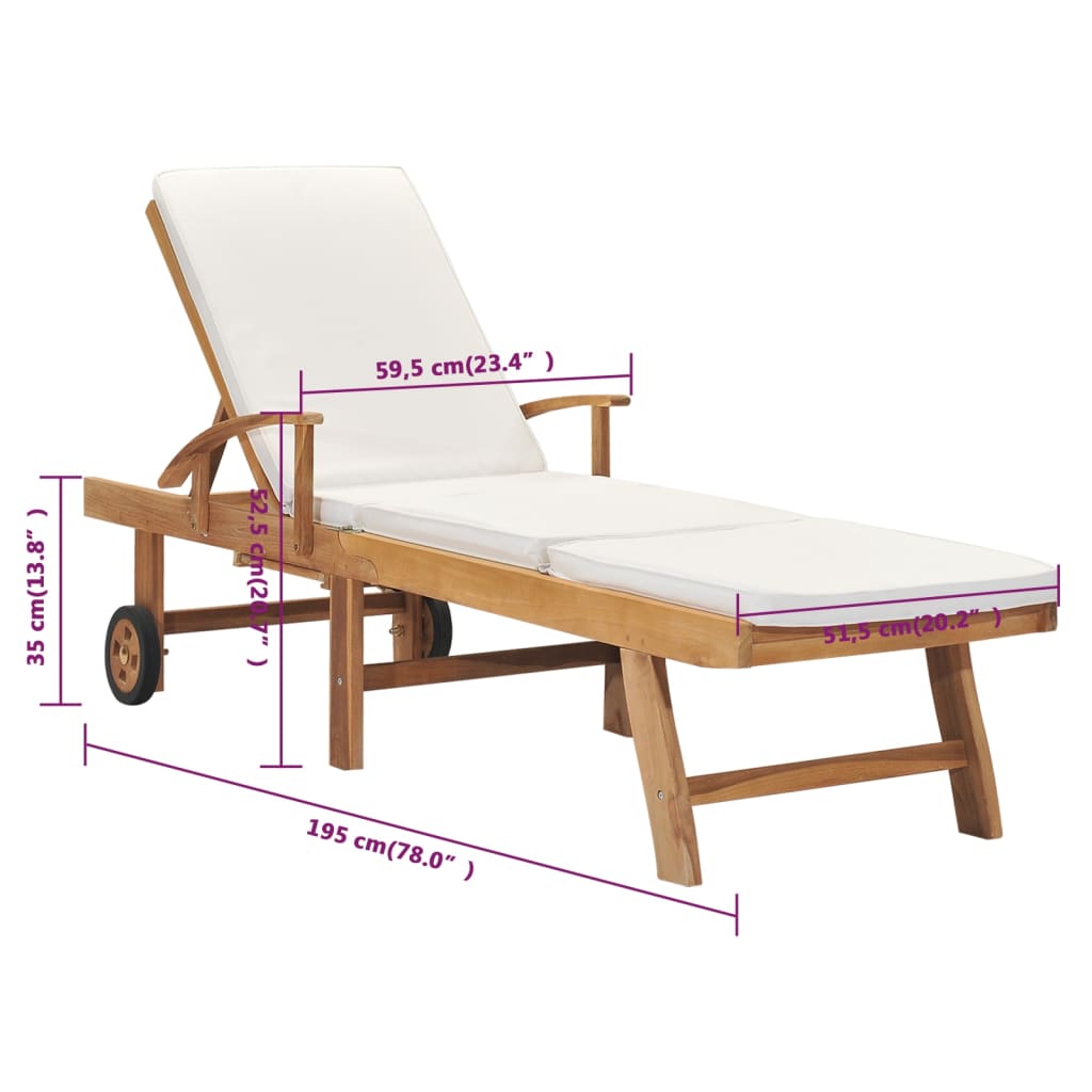 Sun Lounger With Cushion Solid Teak Wood Cream