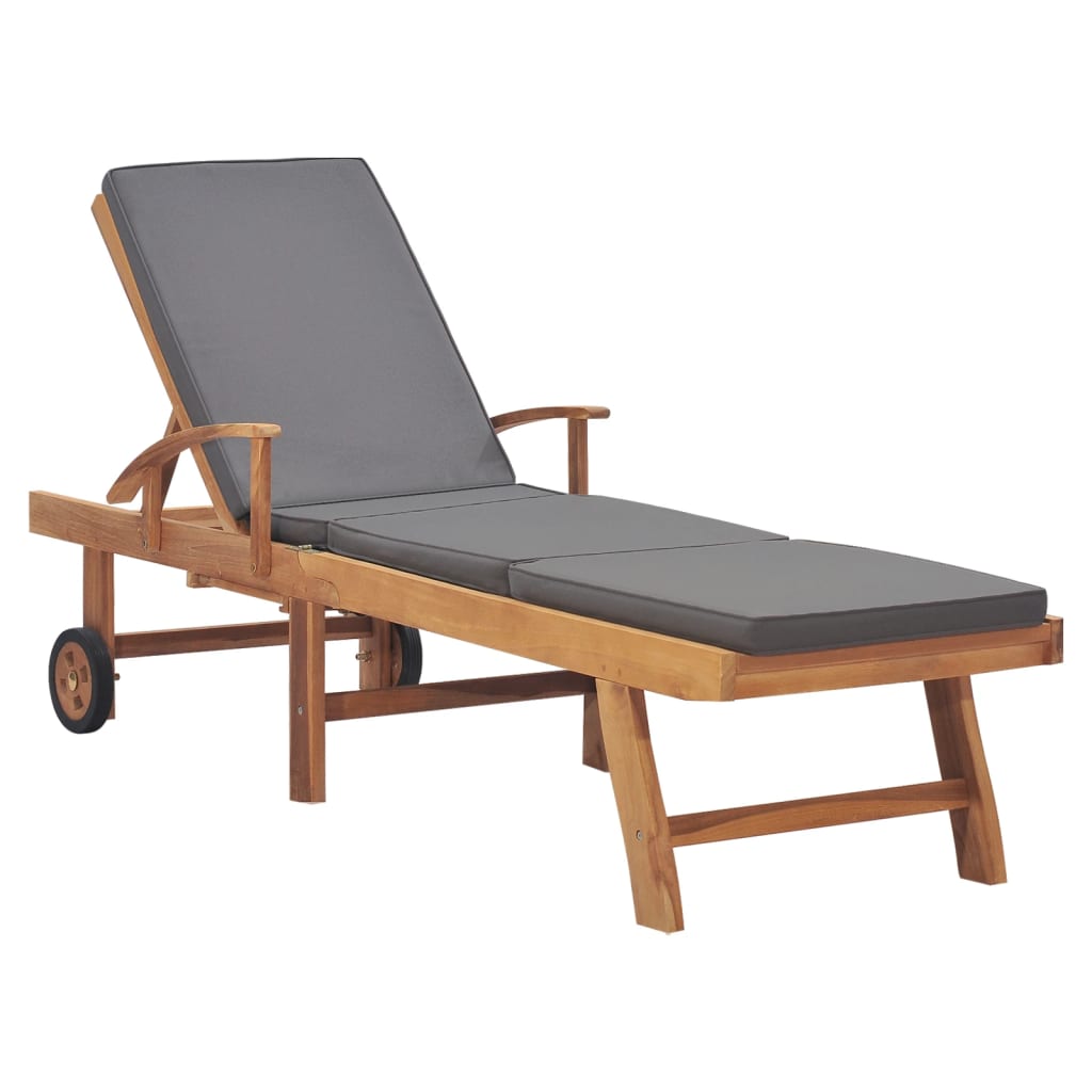 Sun Lounger With Cushion Solid Teak Wood Dark Grey