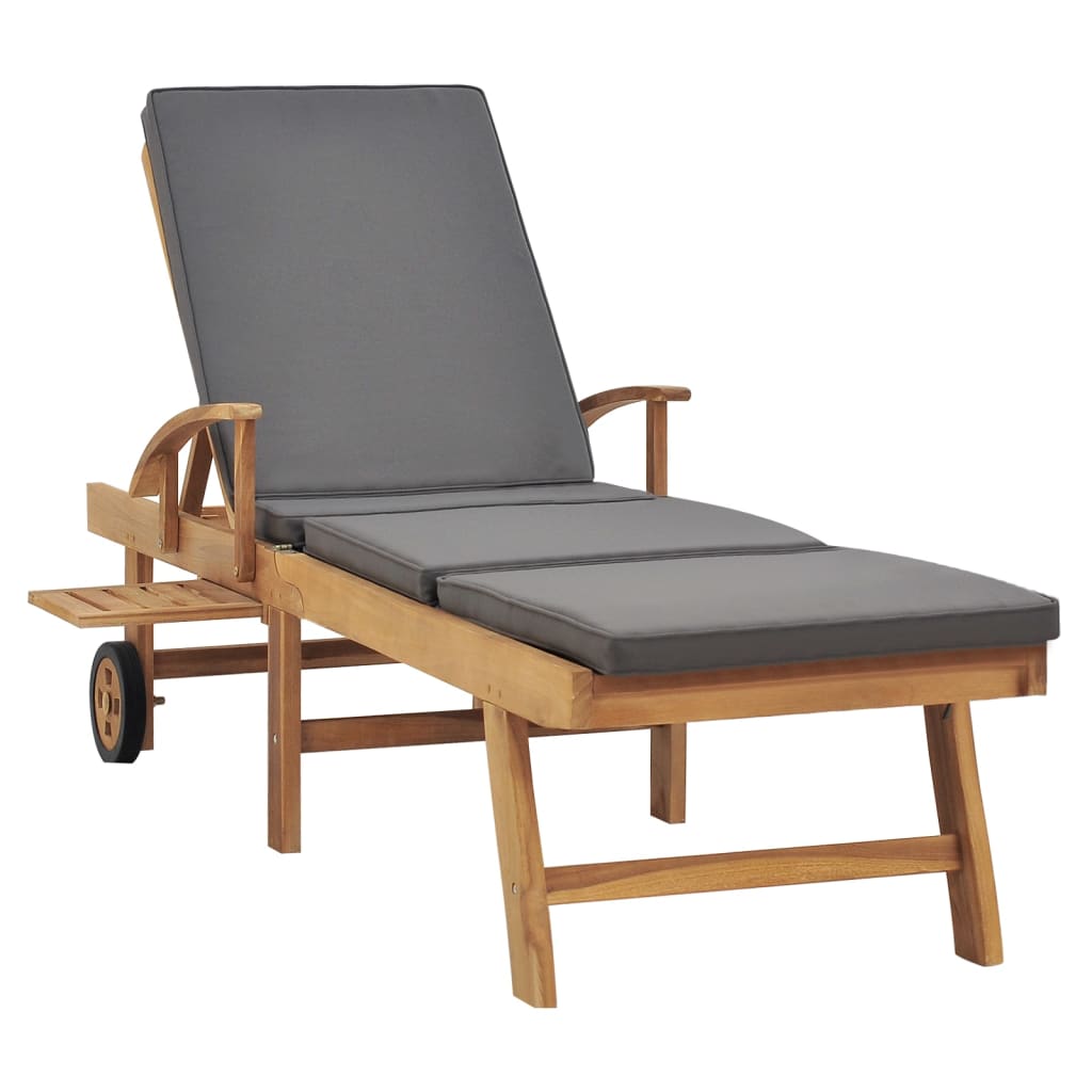 Sun Lounger With Cushion Solid Teak Wood Dark Grey