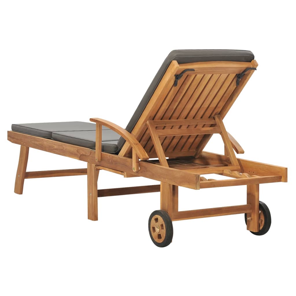 Sun Lounger With Cushion Solid Teak Wood Dark Grey