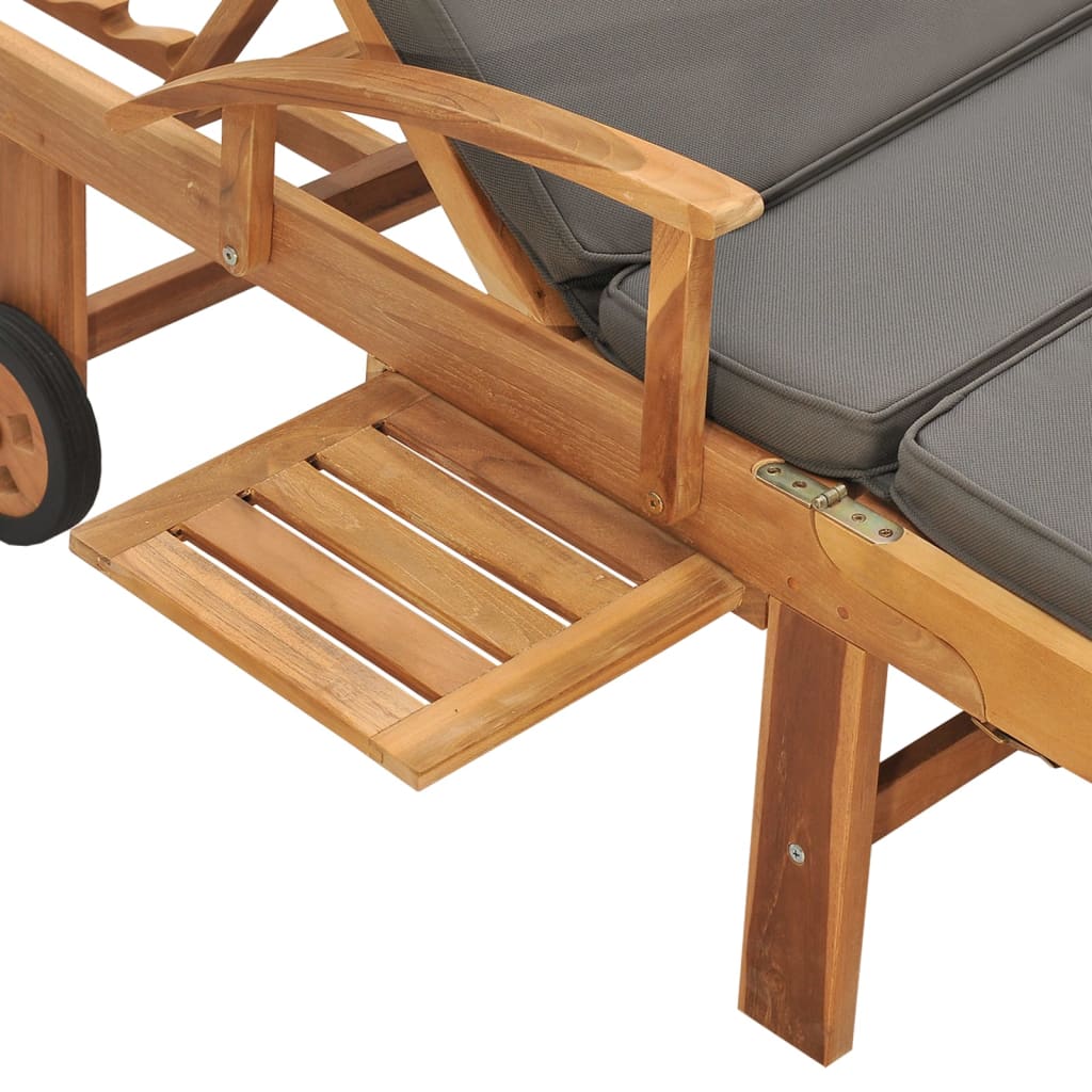 Sun Lounger With Cushion Solid Teak Wood Dark Grey