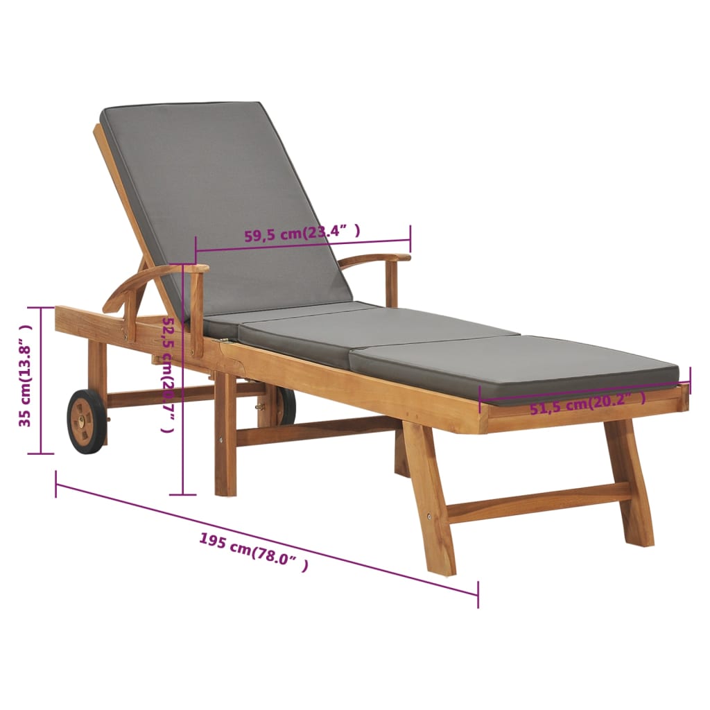 Sun Lounger With Cushion Solid Teak Wood Dark Grey