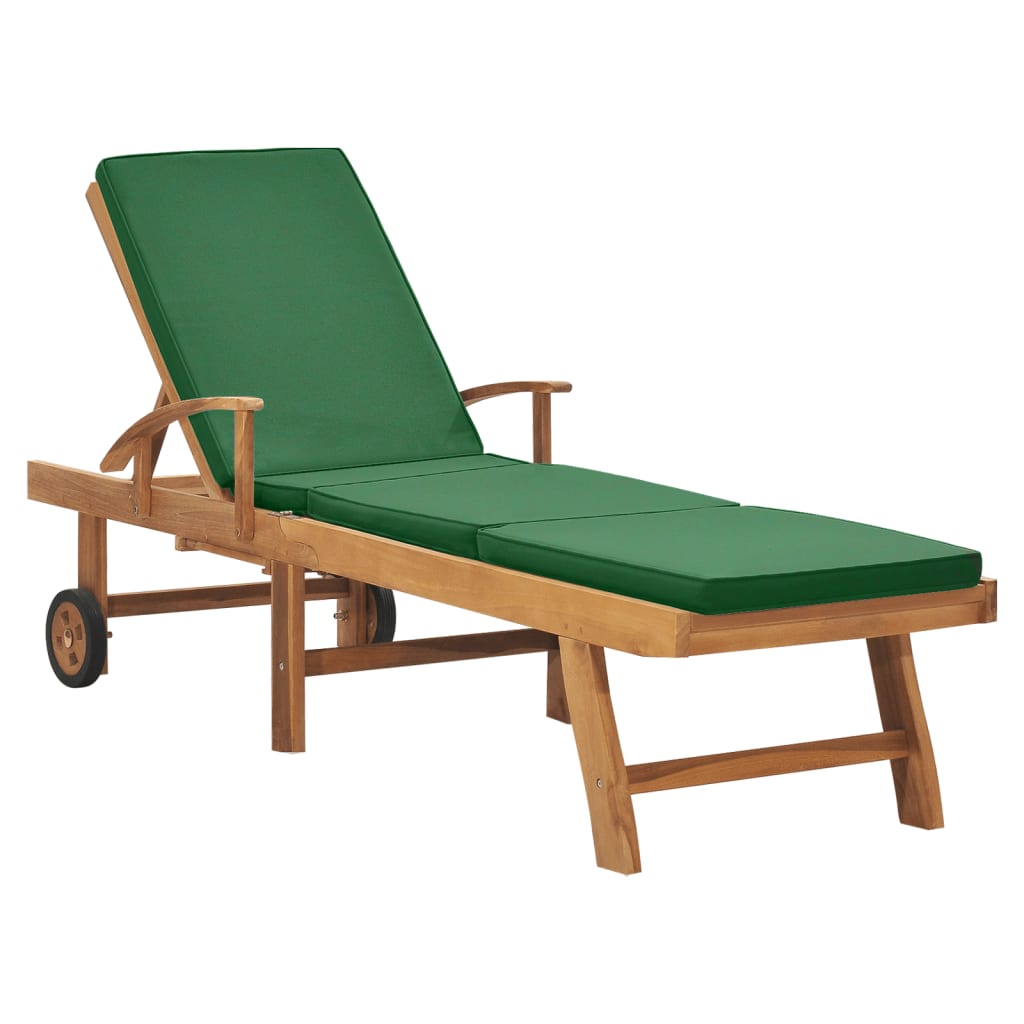 Sun Lounger With Cushion Solid Teak Wood Green