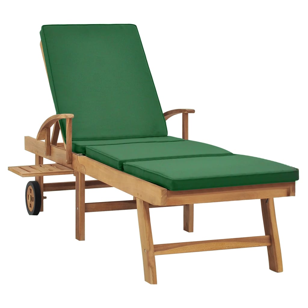 Sun Lounger With Cushion Solid Teak Wood Green