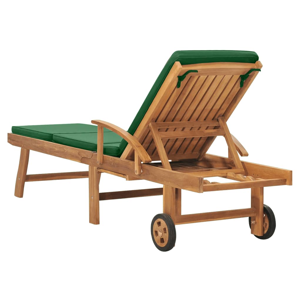 Sun Lounger With Cushion Solid Teak Wood Green