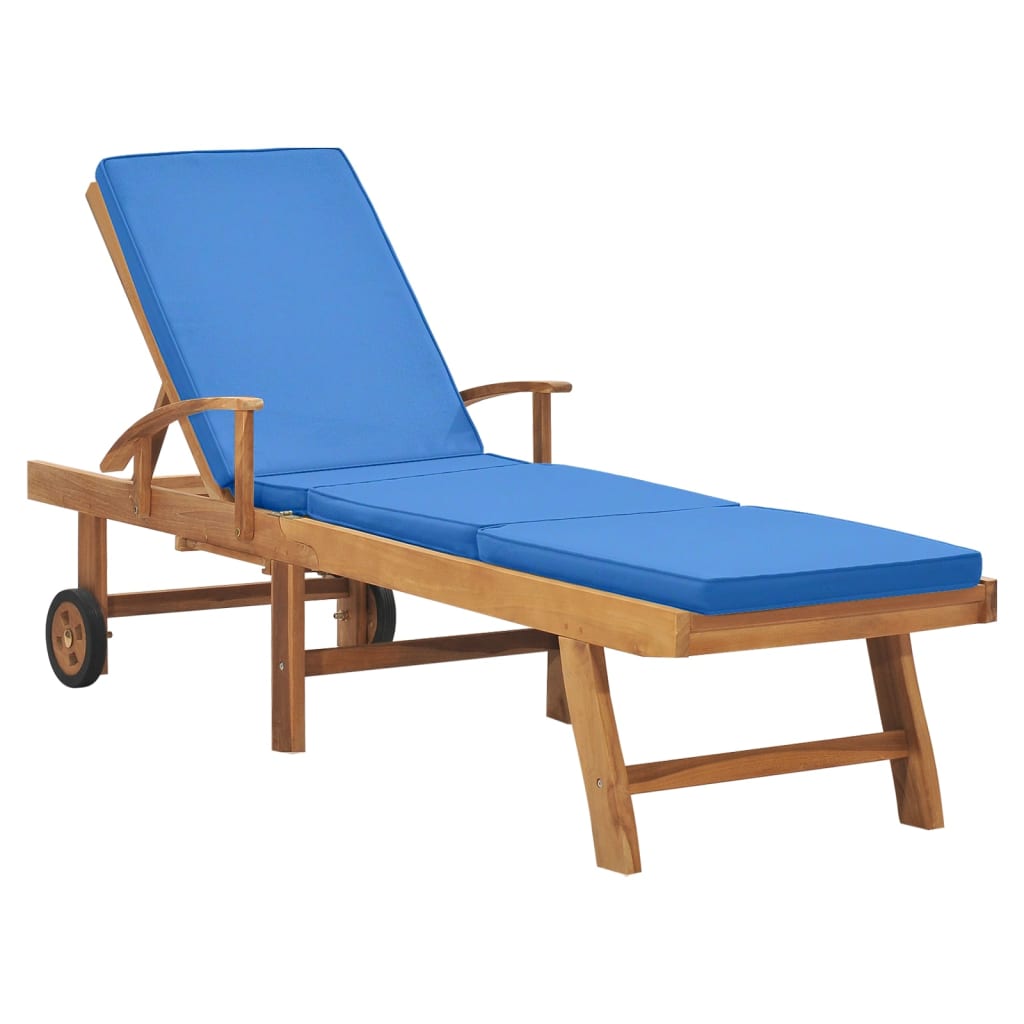 Sun Lounger With Cushion Solid Teak Wood Blue