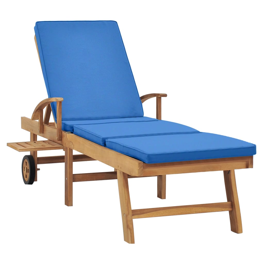 Sun Lounger With Cushion Solid Teak Wood Blue