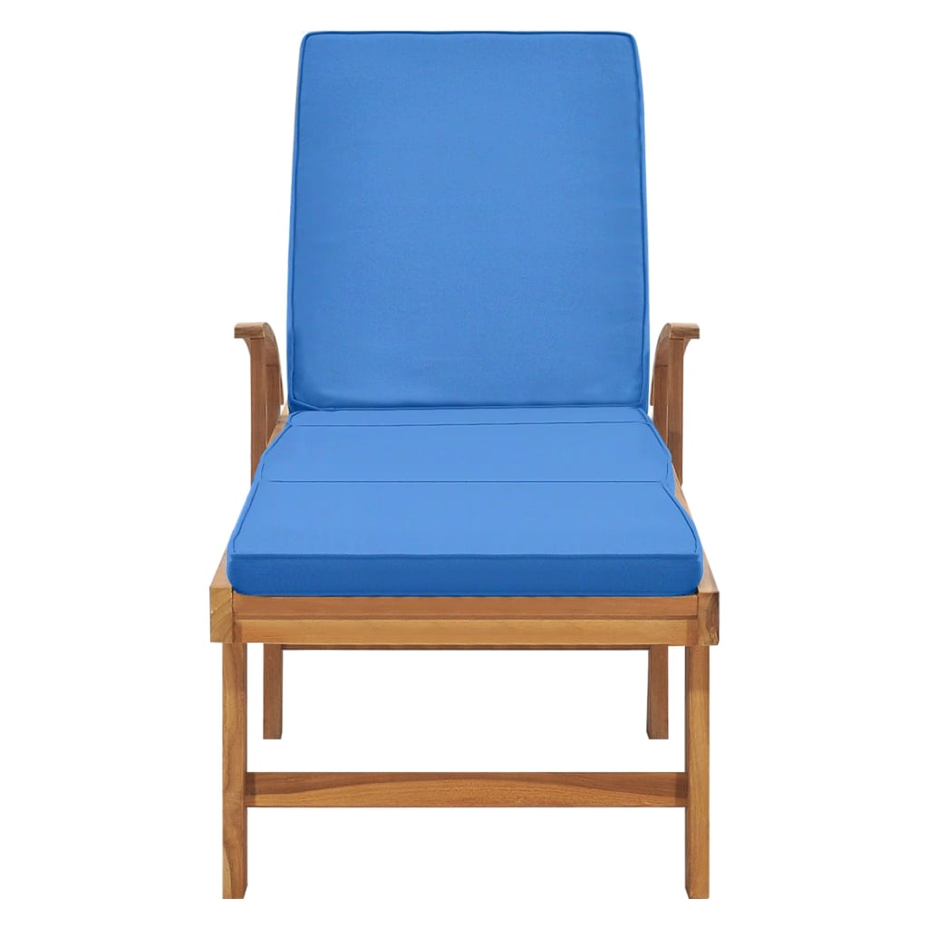 Sun Lounger With Cushion Solid Teak Wood Blue