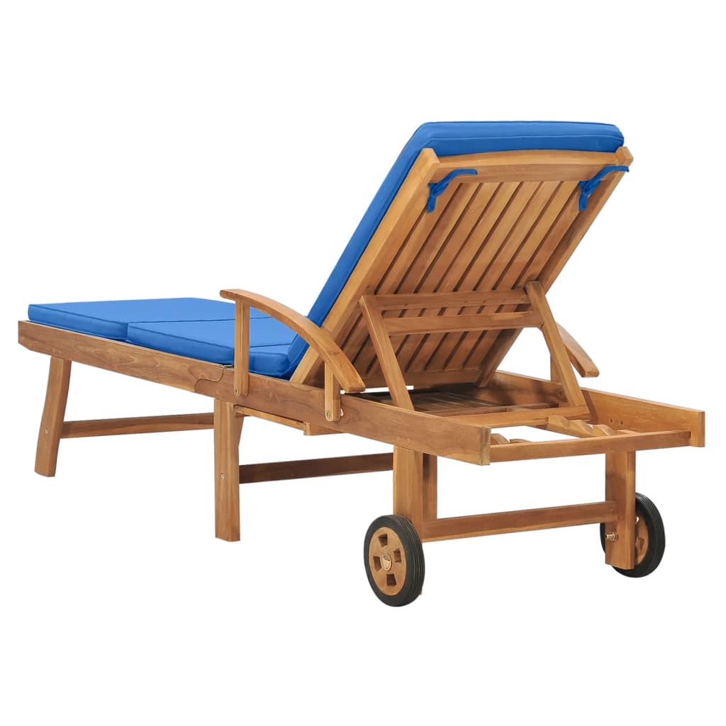 Sun Lounger With Cushion Solid Teak Wood Blue