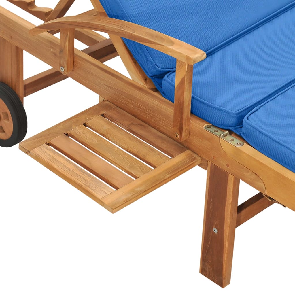 Sun Lounger With Cushion Solid Teak Wood Blue