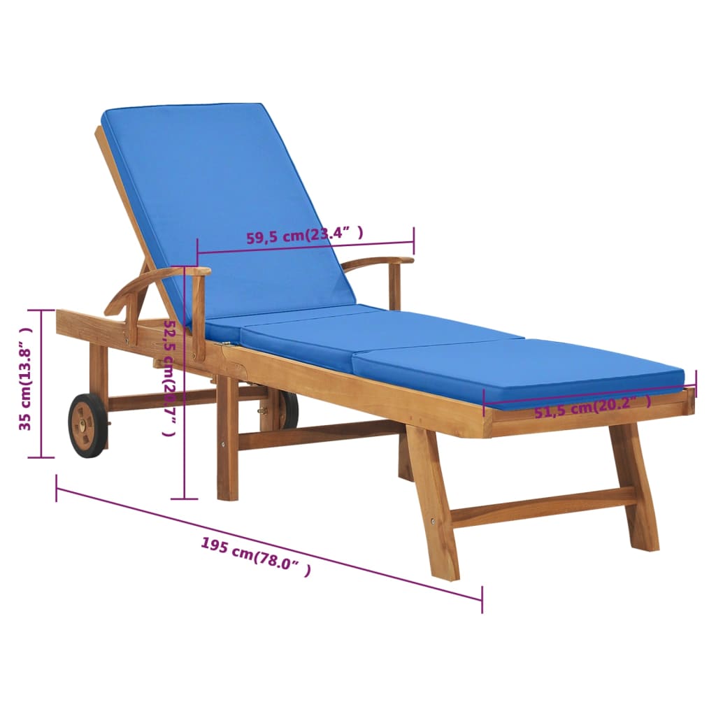 Sun Lounger With Cushion Solid Teak Wood Blue