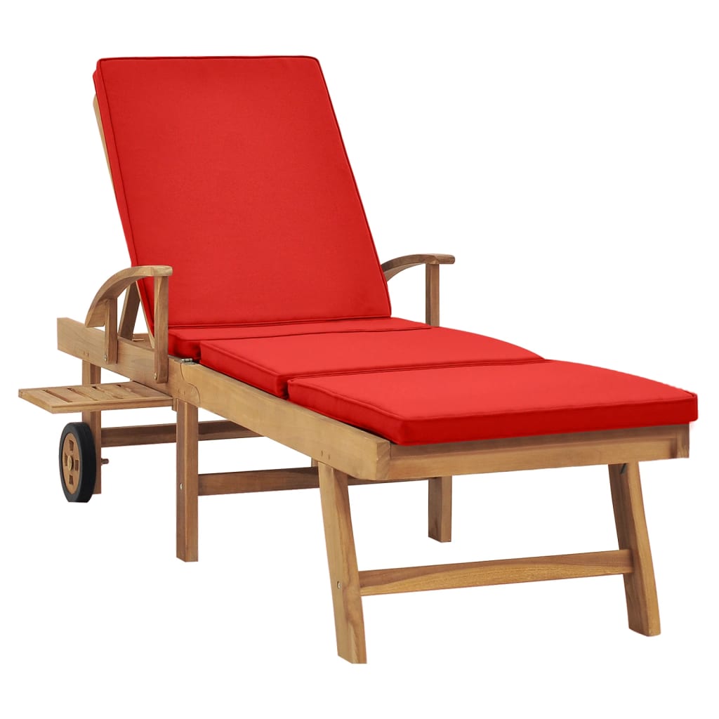 Sun Lounger With Cushion Solid Teak Wood Red